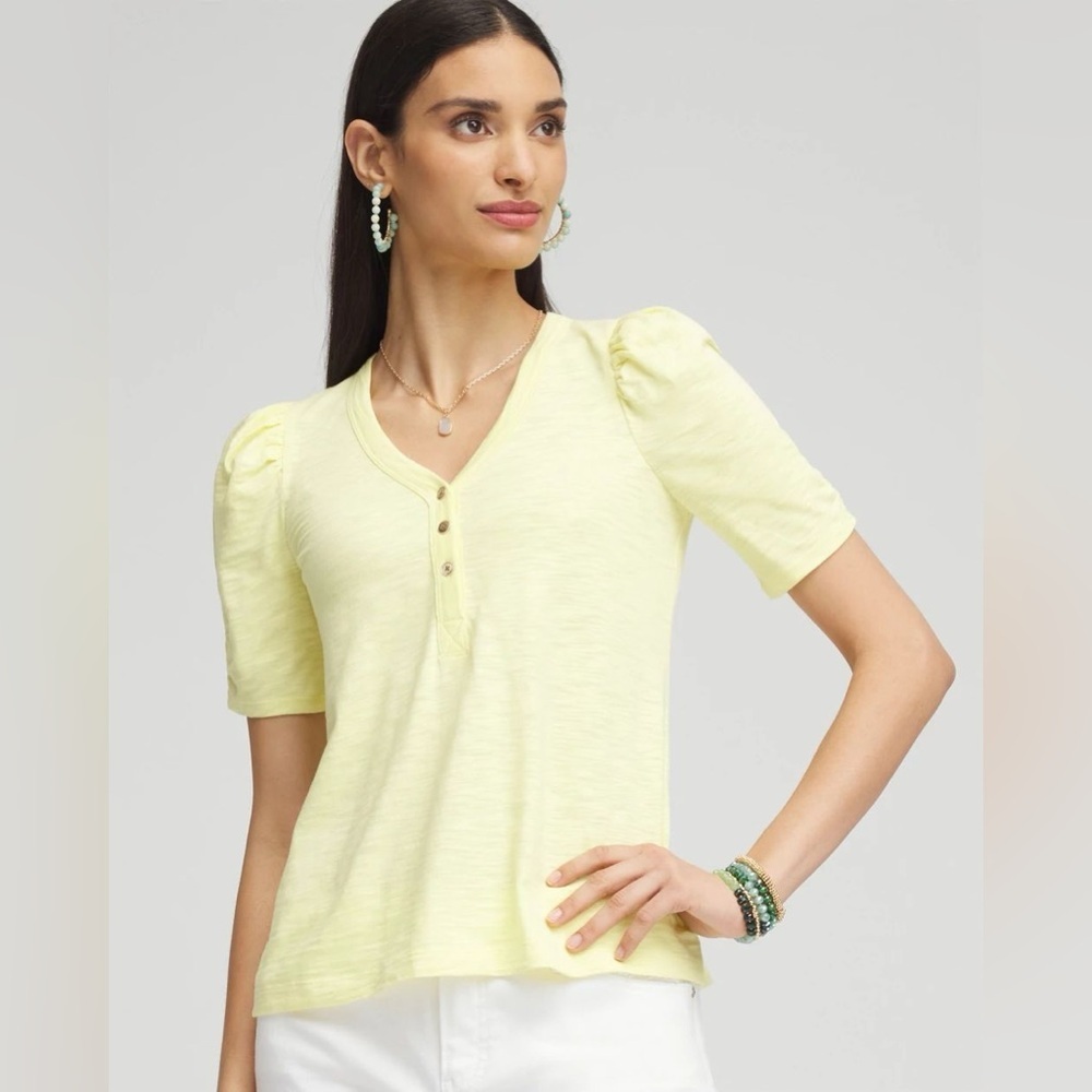 Chico’s Yellow Slub Split Neck Henley Tee size large